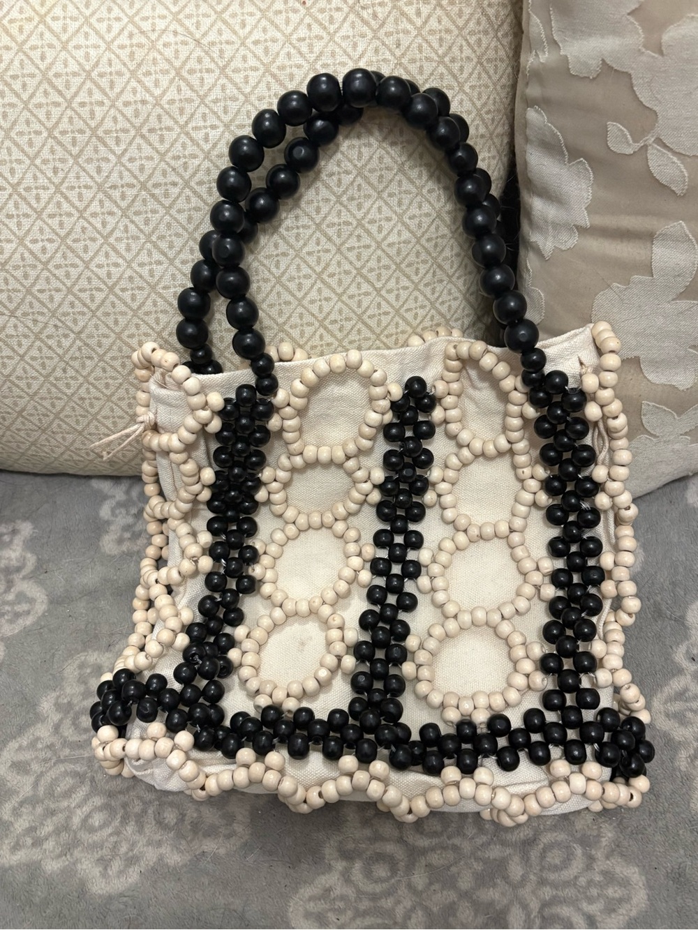 VINTAGE 60s/70s Cream Black Wooden Beaded Bag Purse BOHO VIBES